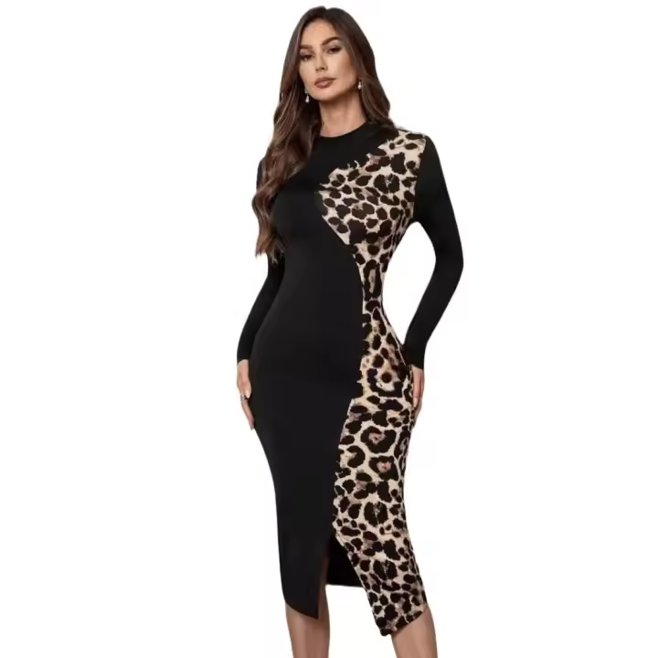 Vestido Slim De Impresión De Leopardo Con Cinturón Y Manga Larga De Cuello Redondo Versátil Y Estilizado Para Mujeres - 1