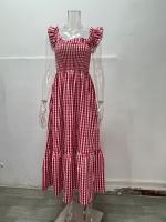Vestido Elegante De Verano Para Mujer Con Patrón De Cuadros Y Suspensión Elástica Ajuste Suave Sin Mangas Cuello Abierto Longitud Hombro a Tobillo - details 6