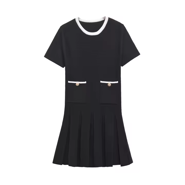 Vestido negro elegante de manga corta con cuello redondo y contraste de punto con dobladillo plisado ancho y alto para mujer - 1