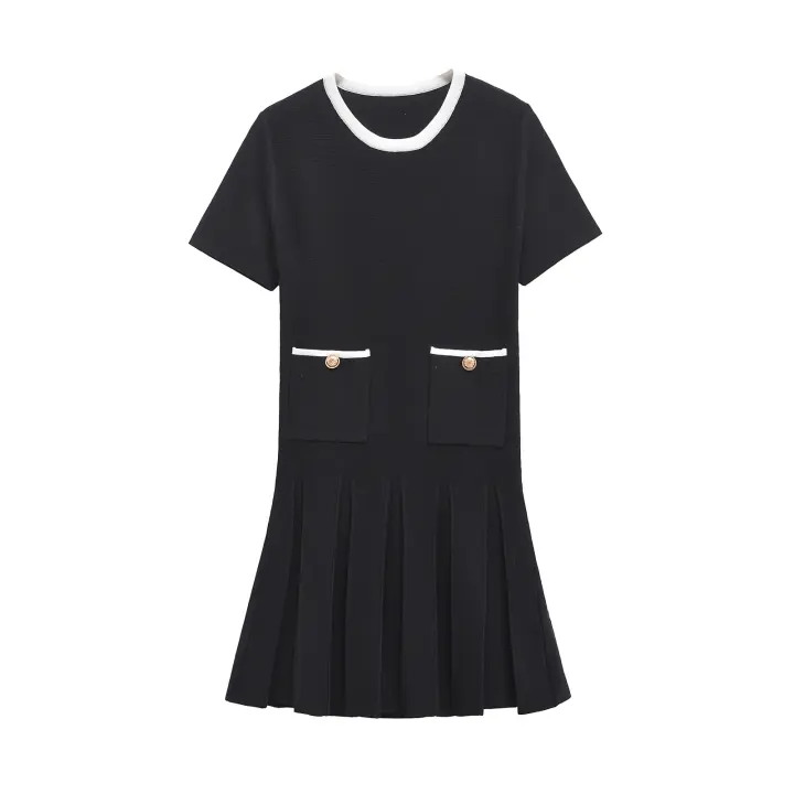 Vestido negro elegante de manga corta con cuello redondo y contraste de punto con dobladillo plisado ancho y alto para mujer - 1