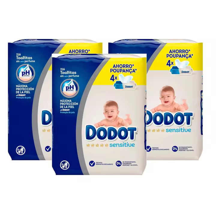 Caja de 3- Toallitas Dodot Sensitive para bebé 12 paquetes de 54 unidades (648 toallitas) - Suavidad clínicamente probada, diseñadas para la piel delicada de tu bebé - 1