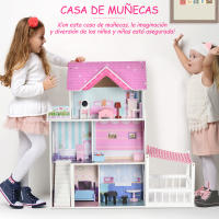HOMCOM Casa de Muñecas de 3 Pisos con Patio 86x30x87 cm Muebles Accesorios Completos Diseño Lindo Casita Muñecas de Juguete Madera Rosa - details 3