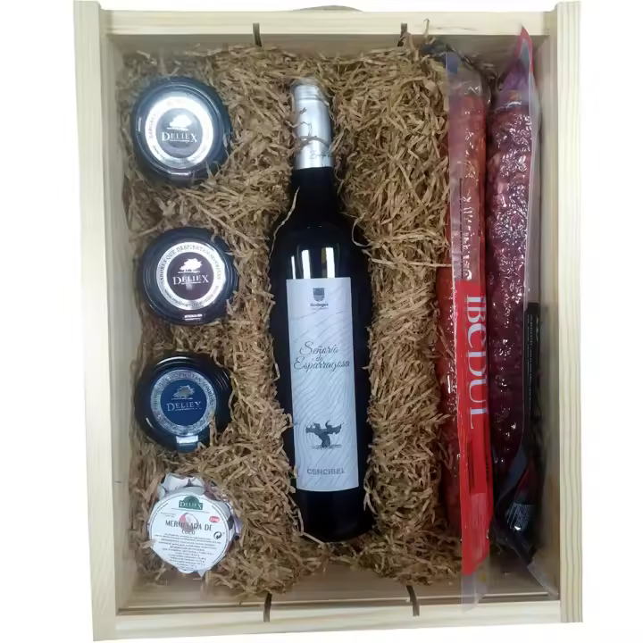 Regalos de empresa o particulares con productos Gourmet en caja de madera con vino, ibericos, patés y mermelada - 1