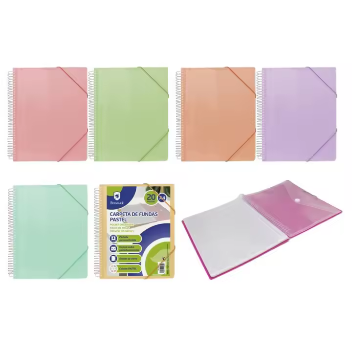 CARPETA BISMARK CON FUNDAS A4 PERSONALIZABLE CON GOMAS Y SOBRE PORTADOCUMENTOS COLORES NEON Y PASTEL - 1
