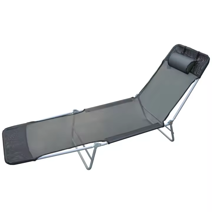 Tumbona Inclinable Plegable para Jardin Playa o Piscina con Almohada Acero y Textilene 182x56x24.5 cm Negro - 1