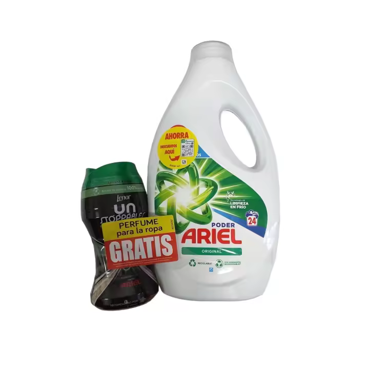Ariel Detergente Lavadora Liquido, 24 Lavados, Jabon Original + Lenor Unstoppables Ariel Perlas Impulsoras De Fragancia 140g - 1