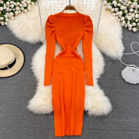 Vestido REALEFT De Mujer Otoño Invierno Con Cuello Cuadrado Manga Larga Y Acolchado De Puff Trasero Lateral Split Midi Casual - details 11