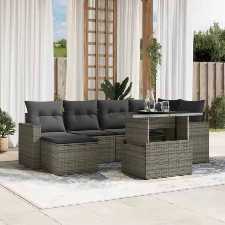 vidaXL Set de sofás de jardín 7 pzas con cojines ratán sintético gris - 1