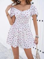 Vestidos Mini De Verano Para Mujer 2024 Estampado Floral Chiffon Estilo Playa Manga Puff Ajustado Cintura Natural Sin Capucha - details 8