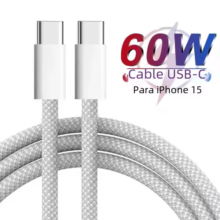 Cable De Carga Rápida 60W USB C a USB C Para iPhone 15 pro Max iPad Air 5 Samsung Huawei Xiaomi Tipo-C a Tipo-C Color Gris Claro - 1