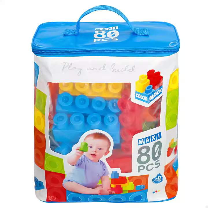 Color Block - Cubo con bloques de construcción para niños, 80 piezas grandes apilables, ladrillos de juguete, compatible con otras marcas, juego de construir, juguetes bebé, juega y construye, recomendado a partir de 12 meses - 1