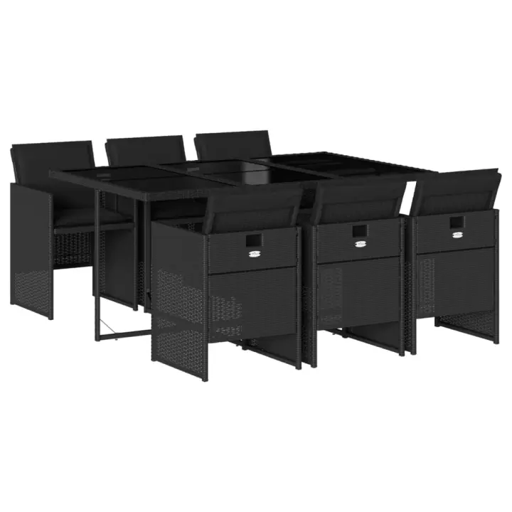 vidaXL Set de comedor de jardín 7 pzas y cojines ratán sintético negro - 1