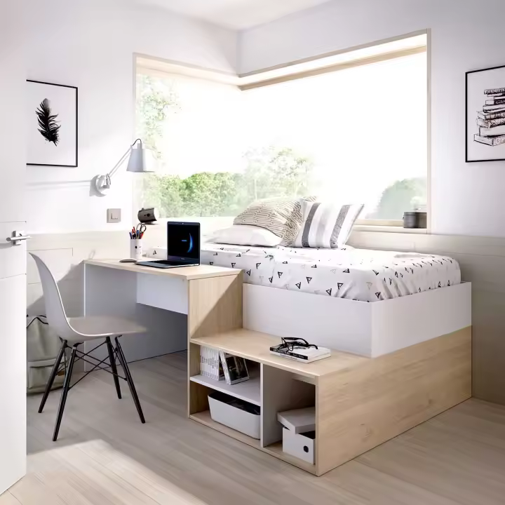 Cama con Escritorio Dekit Kric Blanco/natural 72x195x134 Cm - Ahorro de Espacio y Doble Funcionalidad - 1