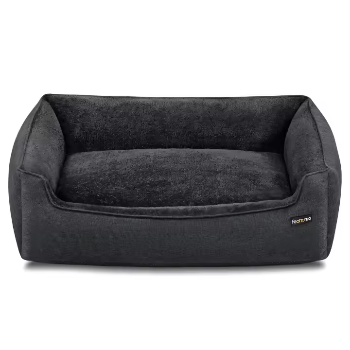 Feandrea Cama para Perros, Sofá de Lino para Mascotas, Bordes Elevados, Fondo Antideslizante, Funda Extraíble para Lavado, 110 x 75 x 27 cm/120 x 90 x 30 cm, Gris Oscuro - 1