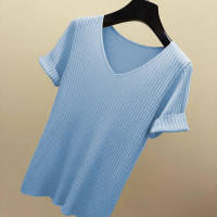 Camiseta De Mujer De Verano Con Cuello En V Y Manga Corta Tejida En Color Negro Y Naranja Estilo Slim Para Ocio Casual - details 15