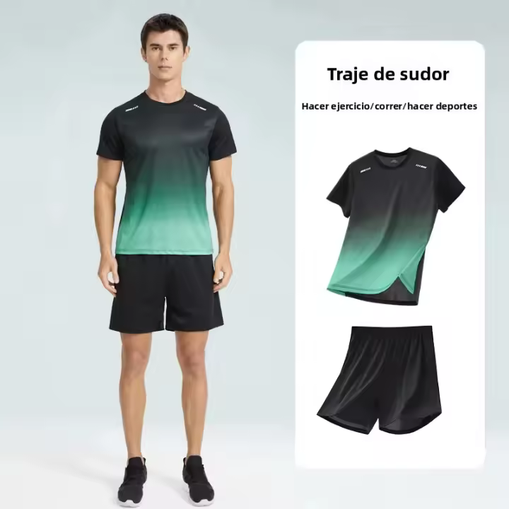 Conjunto Deportivo Para Hombres Verano 2/4 Piezas Camiseta Corta De Color Gradiente Y Shorts Elasticos Para Correr Y Fitness Estilo Casual - 1