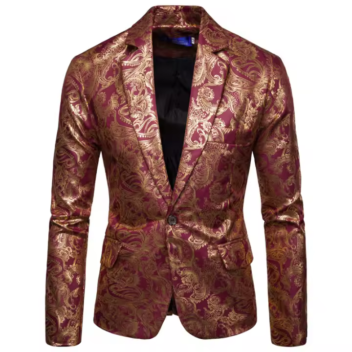 Chaleco Dorado Floral Para Hombre Traje De Negocios Casual Boda Chaqueta De Oro Abrigo Estilo Formal Cierre Doble Manga Completa - 1