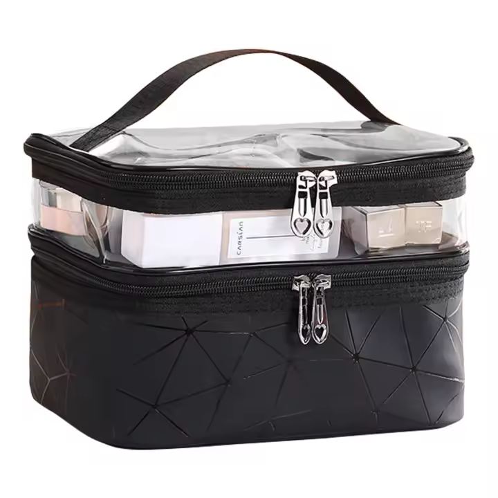 Bolsa de maquillaje de Doble Capa con Bolsillo Independiente, Organizador de viaje para broches de maquillaje, Lápiz labial, portáthil, impermeable, estuches - 1