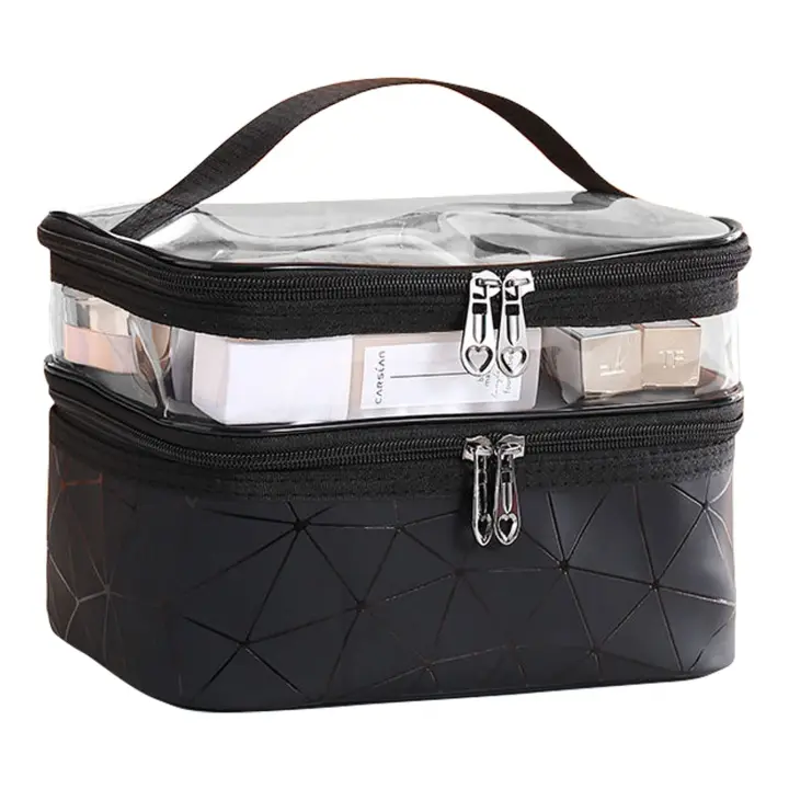 Bolsa de maquillaje de Doble Capa con Bolsillo Independiente, Organizador de viaje para broches de maquillaje, Lápiz labial, portáthil, impermeable, estuches - 1
