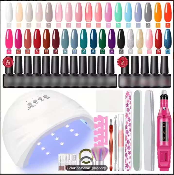 COSCELIA 40Pcs Semi-Permanent Nail Kit Complete Kit with UV Lamp Nail Drill, Semi-Permanent Nail Polish Red Black White 35 Colors Base and Top Coat Manicure Kit with Tools - 1