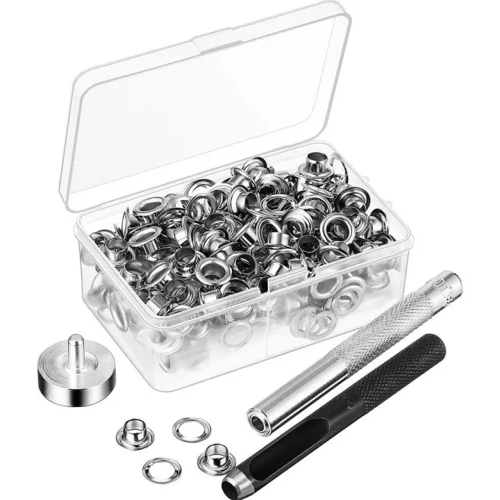 Perforadora de ojales, ojales, 100 juegos de ojales, más 3 piezas de kit de herramientas de instalación, ideal para proyectos de bricolaje, zapatos, ropa, bolsos, lona (plata) - 1