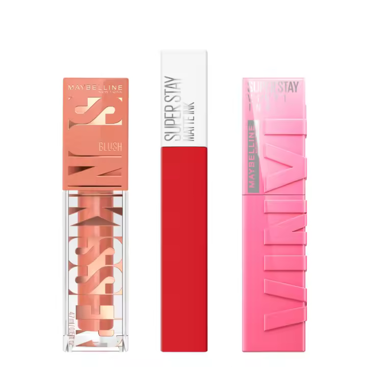 Maybelline New York | Kit estacional de tonalidades de Primavera. Con el colorete bronceador Sunkisser, en Tono Shades On, el pintalabios Superstay Vinyl Ink efecto vinilo fijo, en Tono 155 Upbeat y el  Pintalabios Superstay Matte Ink en tono 20 Pioneer - 1