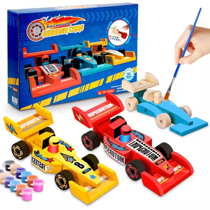 Kit de manualidades de coche de carreras de madera, 3 piezas para construir un coche de carreras de juguete para pintar y ensamblar con herramientas de pintura, regalo para niños y niñas - 1