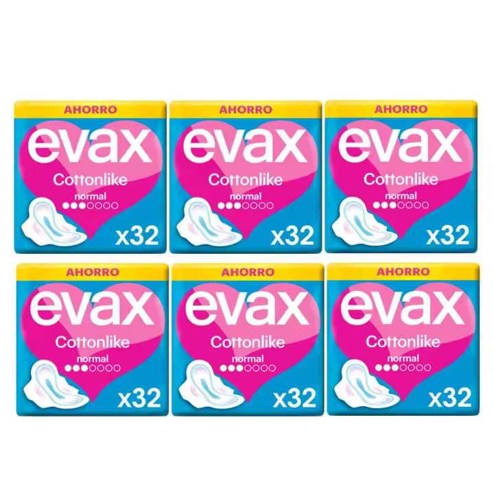 Evax Cottonlike Compresas Normal Protección para el periodo durante el día, Elimina Olores Y Absorbe Al Instante, Hasta 100 % Limpia Y 0 % Olor, Con alas que se adaptan a ti. 6x32 unidades. - 1