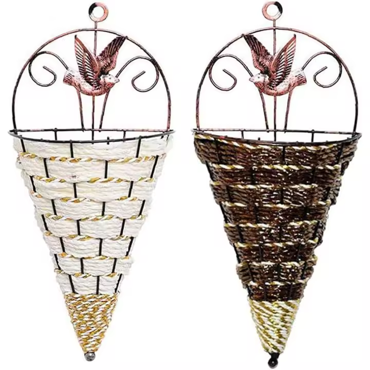 Cesta de flores colgante, 2 piezas de jarrón de ratán y mimbre, maceta de pared tejida, macetas colgantes, soporte cónico ornamento decoración para jardín - 1