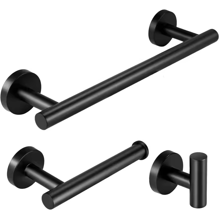 Juego de barra de accesorios de baño negro mate, soporte para toallas de mano, soporte para anillos montado en la pared, rieles/gancho de acero inoxidable, 3 piezas, barra de 12 - 1