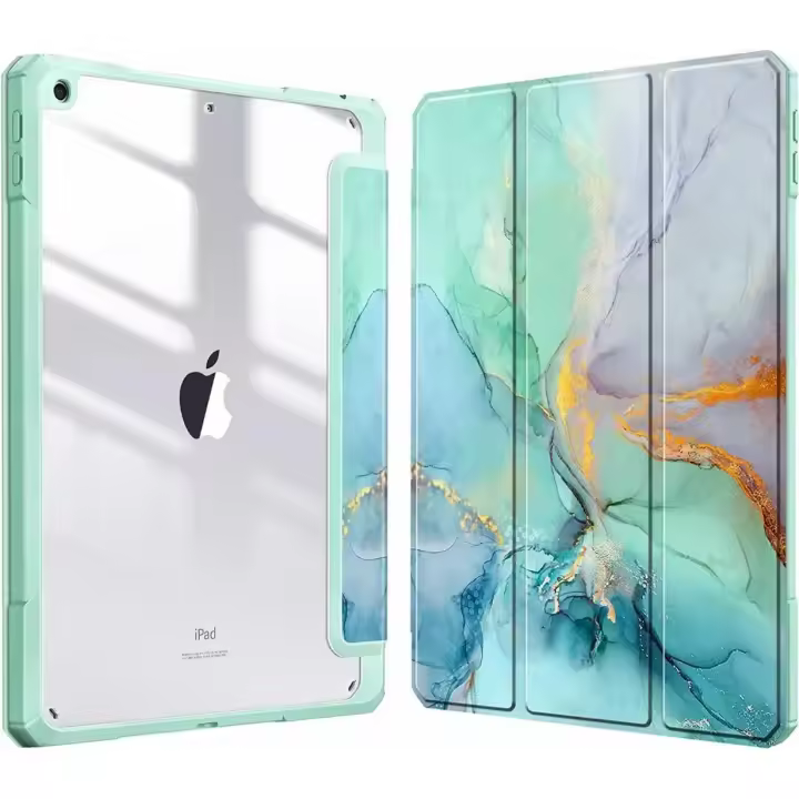 Funda protectora resistente para iPad de 10.2" (2021/2020/2019, 9.ª, 8.ª y 7.ª generación) con soporte para lápiz - Parte trasera transparente a prueba de golpes, función de reposo/activación automática, diseño de mármol lila dorado - 1