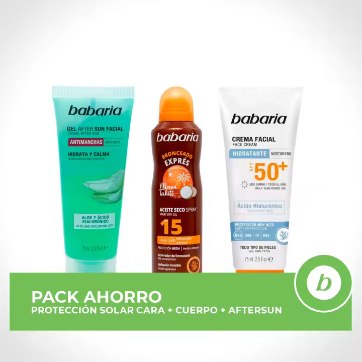 BABARIA Pack ahorro protección solar - Contiene Crema facial hialurónico 75ml + Bruma Aceite Seco SPF15 + After Sun Facial Gel Aloe 75ml - 1