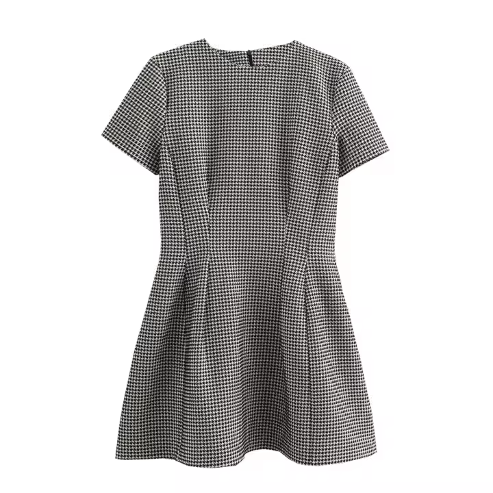 Vestido A-Line De Punto De León Slim Fit Para Mujer Estilo Hepburn Francés Con Cuello Redondo Y Mangas Cortas Moda Versátil De Cintura Alta - 1