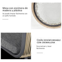 Outsunny Conjunto de Jardín Exterior de 3 Piezas Juego de 2 Sillas y Mesa de Ratán con Cojines Acolchados y Encimera de Vidrio para Balcón Terraza Café y Gris - details 5