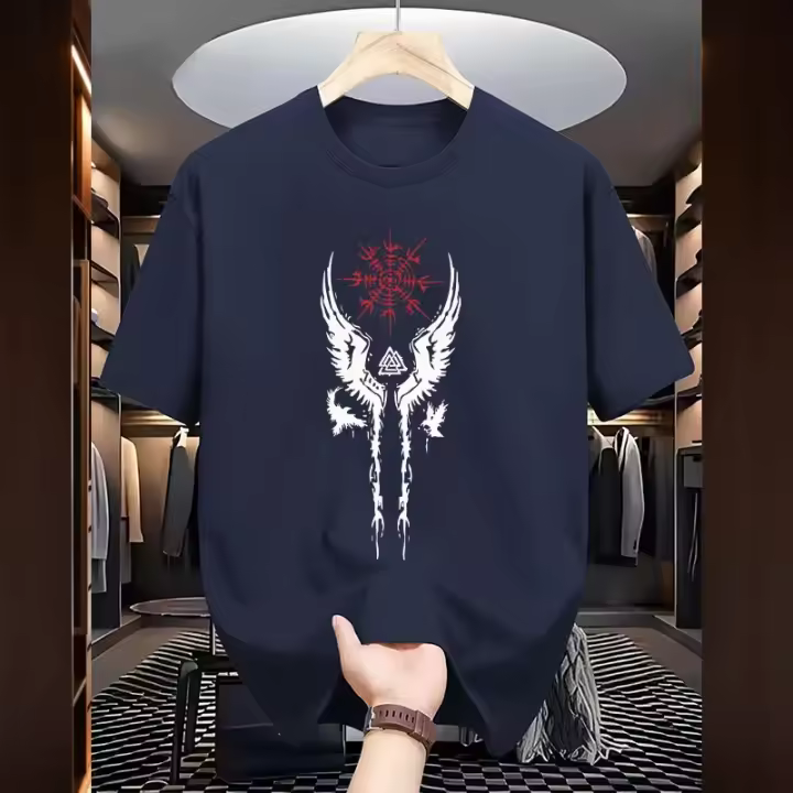 Camiseta De Algodón Puro Para Hombre Estilo Urbano Casual Con Impresión De Raven Vikinga Antigua Camiseta De Manga Corta O-neck Para Uso Diario Primavera Y Verano - 1