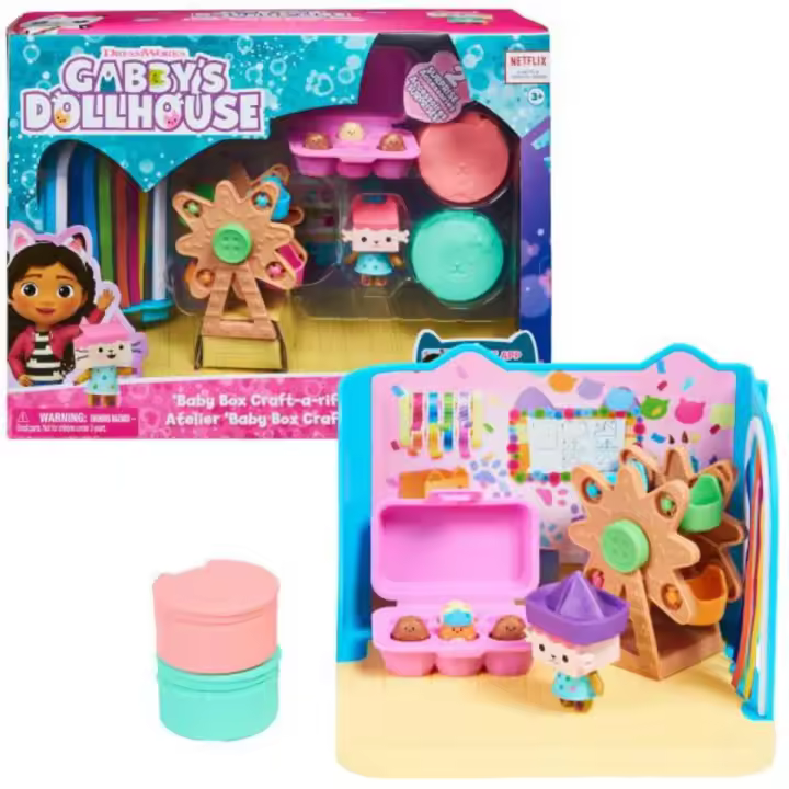 SPIN MASTER - LA CASA DE MUÑECAS DE GABBY - SALA DE MANUALIDADES BEBÉ BOX - Sala  de La Casa de Muñecas de Gabby con 1 Figura de Bebé Box, 2 Accesorios, 2 Caja Sorpresa y 2 Muebles -6064151- Juguetes Niños +3 años - 1