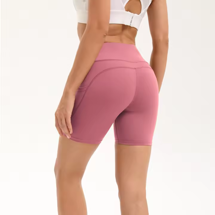 Shorts Deportivos De Cintura Alta Para Mujer Fitness Running Elasticidad Transpirable Con 2 Bolsillos Lados Yogur - 1