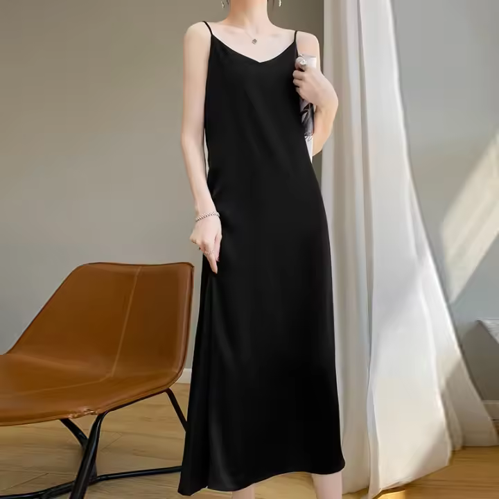 Vestido De Seda Para Mujer Verano Halter Largo A-Line De Satén Sólido Cintura Alta Esbeltez Cubre Caderas RW D13 Vestido De Oficina - 1