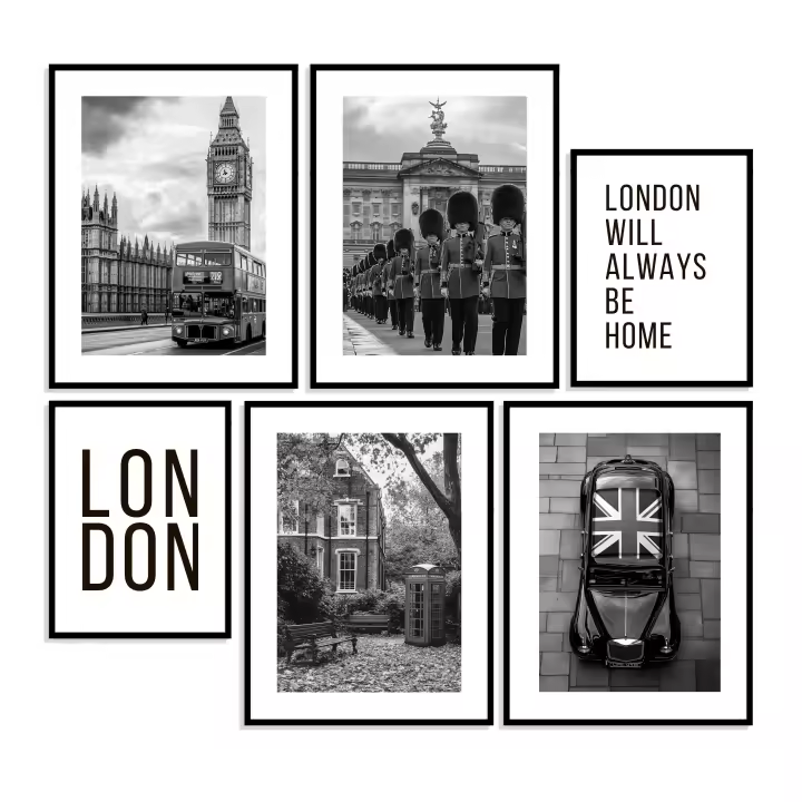Conjunto de 6 láminas decorativas para el hogar con diseños de la ciudad de Londres - Arte de pared elegante en blanco y negro -  Láminas para decoración del hogar - Láminas de viajes - 1