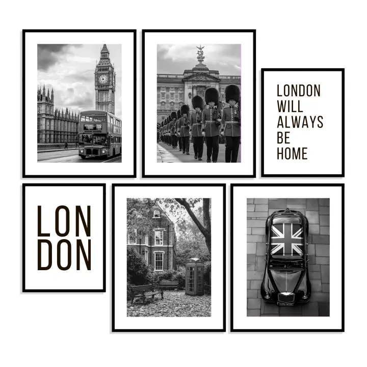 Conjunto de 6 láminas decorativas para el hogar con diseños de la ciudad de Londres - Arte de pared elegante en blanco y negro -  Láminas para decoración del hogar - Láminas de viajes - 1