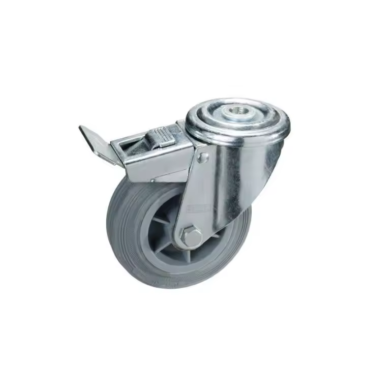 Rueda Industrial Wolfpack Goma Gris Pasante con Freno 100 Mm - 1