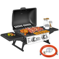 Outsunny Barbacoa de Gas con 2 Quemadores de Acero Inoxidable 2,8 KW Barbacoa Portátil con Mesas Laterales Plegables Bandeja Extraíble y Termómetro para Pícnic Camping 101x48x41 cm Negro - details 0