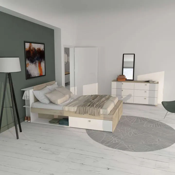 Pack Dormitorio Estilo Nórdico Izzy Color Blanco Mate y Roble Kronberg Cama y Cómoda - 1
