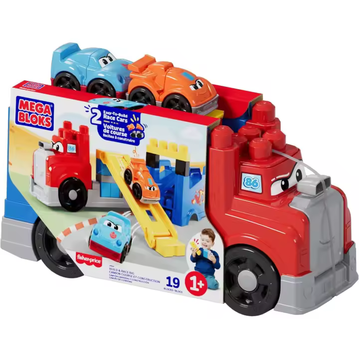 MEGA BLOCKS First Builders Conjunto de construcción de bloques Camión de carreras y construcción incluye 19 piezas, 2 coches de carreras y almacenamiento, rojo, para niños y niñas pequeños (Mattel JFR29) - 1
