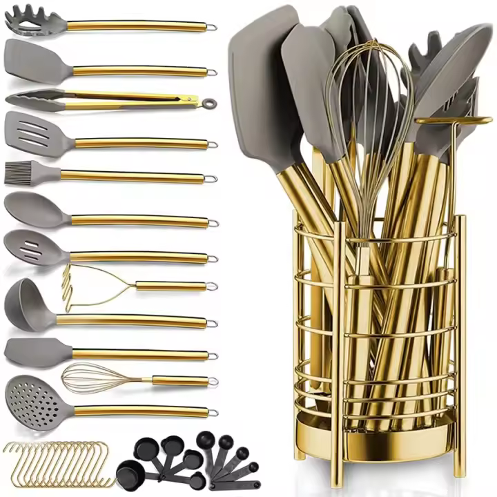 Juego De Utensilios De Cocina De Acero Inoxidable Y Silicona Incluye Espátulas Cucharas Y Pinzas De Silicona Para Barbacoa Accesorios De Cocina De Alta Calidad - 1