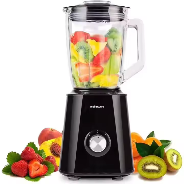 Mellerware - Batidora de vaso eléctrica 1500W. Jarra cristal 1,5L, 6 cuchillas. Tratamiento fruta, smoothie, picadora, Batidos. Picahielos. INOX. T - 1