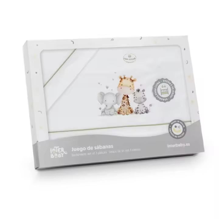 Sábanas Minicuna 100% Algodón  50X80 (bajera+encimera+funda almohada) Modelo  Jirafa Elefante Interbaby - 1