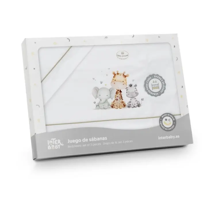 Sábanas Minicuna 100% Algodón  50X80 (bajera+encimera+funda almohada) Modelo  Jirafa Elefante Interbaby - 1
