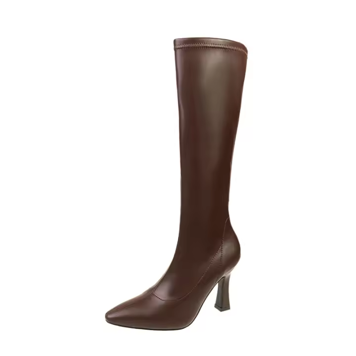 Botas Largas De Tacón Alto Para Mujer Nueva Primavera 2024 Cuña Lateral Botines De Rodilla PU Cuero Botas Femeninas - 1