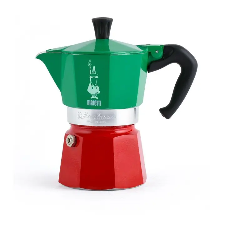Bialetti Cafetera Clásica Italiana - Moka Express Tricolor, distintos tamaños 3 y 6 Tazas de Café - Cafetera Italian Collection Verde y Rojo de Aluminio  - Adecuado para hornillos de gas y placas eléctricas - 1